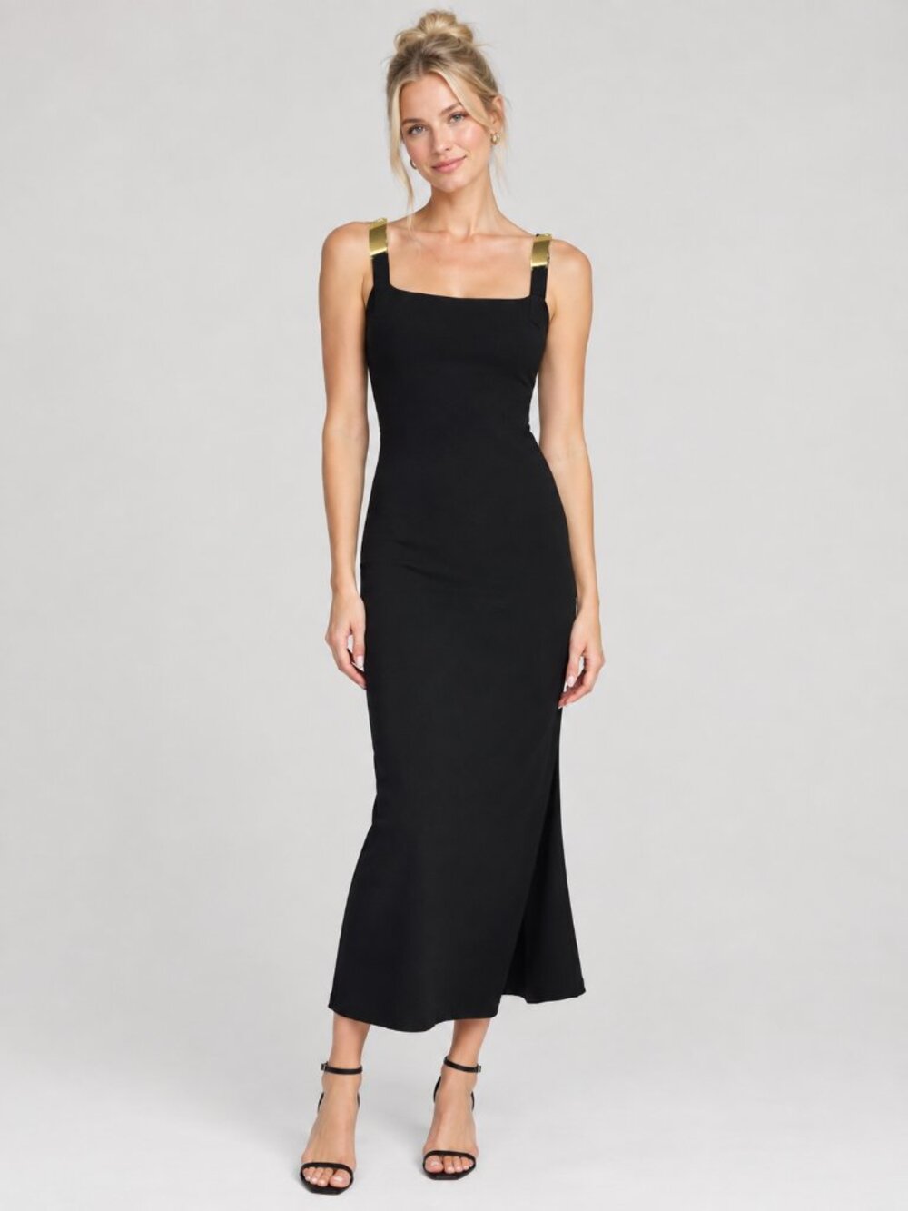 TAHARI Classic Darted Square Neck Sheath Dress with Gold Buckle Black 8 #A4403